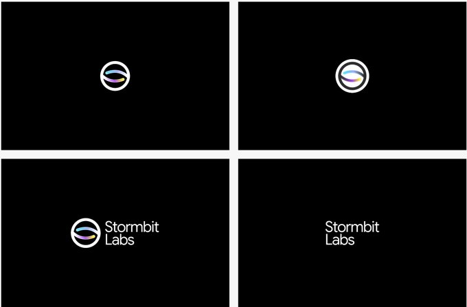 Four variations of a logo design on black backgrounds, featuring a circular emblem with a wave and the text 'Stormbit Labs' in different layouts.