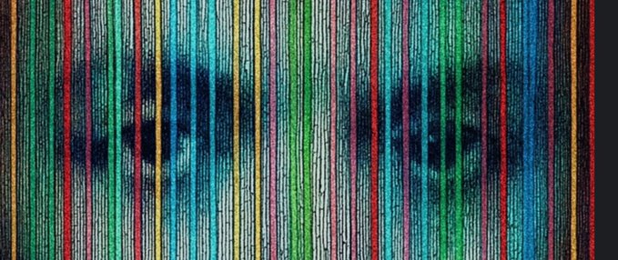 Abstract colorful image featuring vertical stripes in various colors (red, green, blue, yellow) with two dark eye-like shapes visible through the pattern, creating a pixelated or woven texture effect.