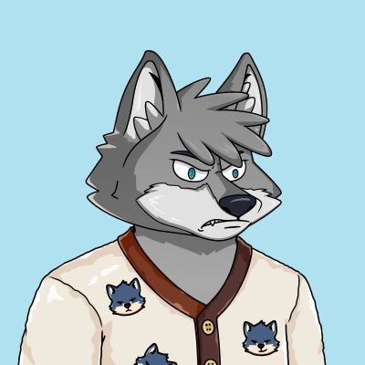 An illustration of a gray wolf character with blue eyes wearing a beige shirt featuring blue wolf designs, set against a light blue background.