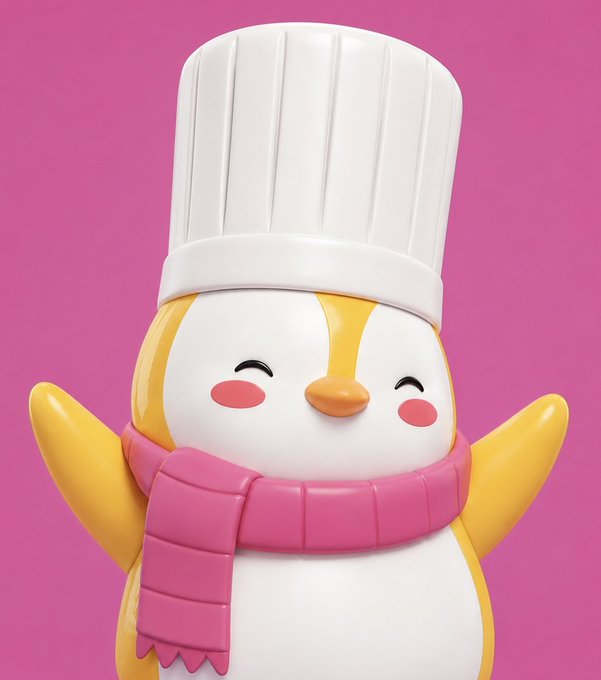 A 3D-rendered cartoon penguin wearing a white chef's hat and pink scarf smiles cheerfully against a bright pink background.