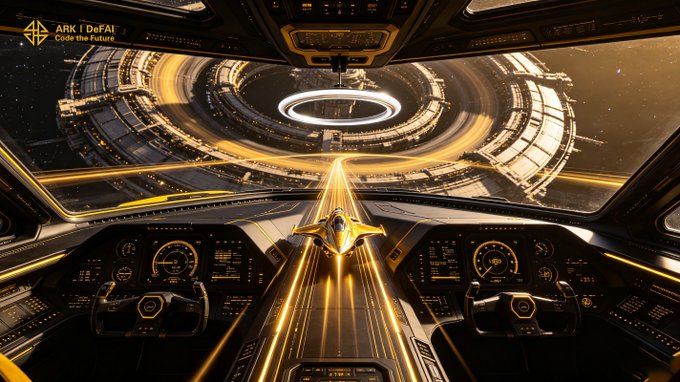 A futuristic cockpit view shows a sleek spacecraft racing down a glowing yellow energy tunnel toward a massive rotating space station, with the watermark "ARK | DeFAI - Circle the Future" visible in the corner. The image visually reinforces the post's theme of AI-driven momentum, symbolizing how Arkie AI accelerates the ARK community toward bigger goals.