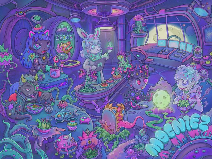 Vibrant, colorful digital artwork depicting a whimsical alien laboratory or cantina scene filled with various creatures, plants, and strange technology in purple and teal tones.