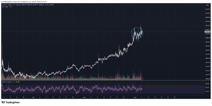 A TradingView chart for ticker 'SQDUSDT' on Trading2500, displaying a candlestick price chart with an RSI indicator and a blue circle highlighting a recent peak in price action.