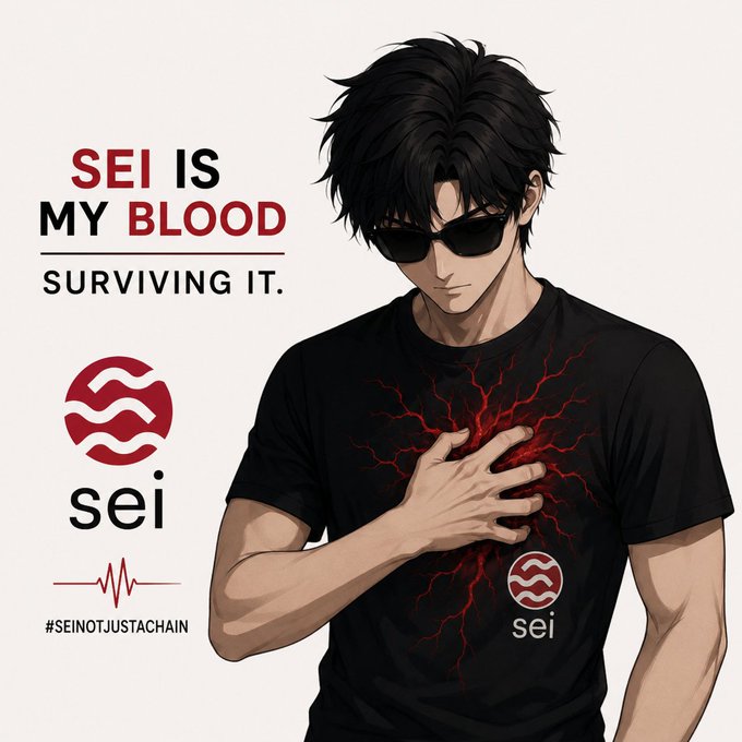 Promotional anime-style graphic for Sei cryptocurrency featuring a dark-haired male character in sunglasses and a black t-shirt with a red bleeding heart design, accompanied by text 'SEI IS MY BLOOD. SURVIVING IT.' and the Sei logo with hashtag #SEINOTJUSTACHAIN.