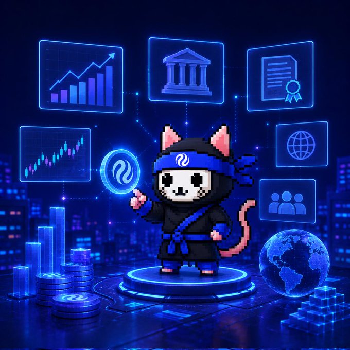 A pixel art ninja cat character holding a cryptocurrency coin, standing on a platform surrounded by financial icons including charts, a bank building, certificate, globe, and coin stacks against a blue night cityscape.