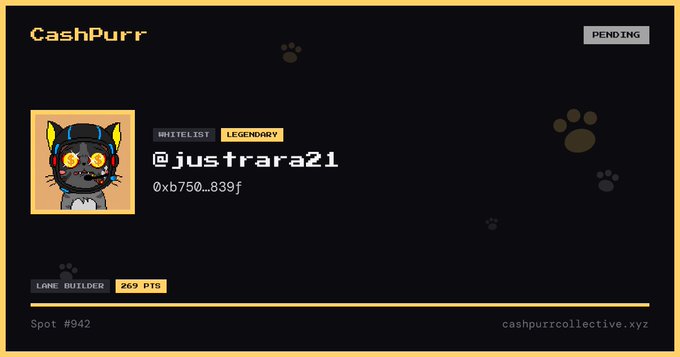 A digital profile card titled 'CashPurr' displays a pixel-art cat wearing goggles and a headset, with the username '@justrara21', a 'MIXELOT LEGENDARY' badge, and a 'PENDING' status indicator on a dark background with paw prints.