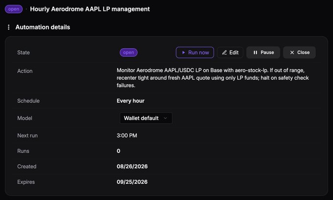 A software interface showing 'Hourly Aerodrome AAPL LP management' automation details with an 'open' state, set to run every hour using a 'Wallet default' model.