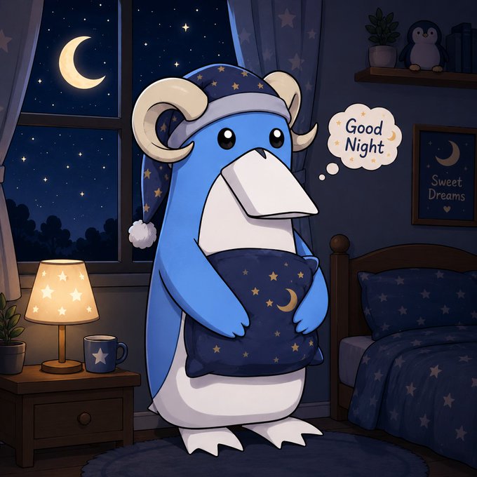The image features a cartoon penguin standing in front of a bed with blue sheets, holding a pillow over its head as if it's wearing a hat. The penguin appears to be dressed up for a special occasion or event, possibly a sleepover party. The room is decorated with stars and other elements that create a cozy atmosphere.

The image also includes text that reads "Good night" and "@wallchain Showing up consistently in @wallchain matters more than being perfect. Progress isn't linear but effort compounds." This message emphasizes the importance of consistency, trust, and patience when it comes to personal growth or achieving success. The penguin's presence in this image serves as a reminder that even small actions can have a significant impact on our lives if we approach them with dedication and perseverance.