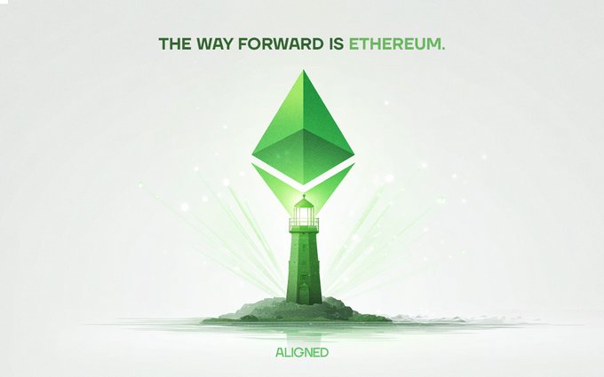 A promotional graphic featuring the Ethereum logo with the text 'THE WAY FORWARD IS ETHEREUM.' at the top and 'ALIGNED' at the bottom, set against a light green background with a stylized lighthouse.