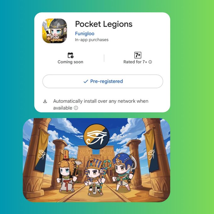 The image features a gameplay advertisement for a new game called "Pocket Legionaries" by Funigloo, which also promotes another game called "Immutable", set in an ancient Roman style with tactical combat elements. The advertisement focuses on showcasing the gameplay of these two games and encourages users to try them out if they haven't already.