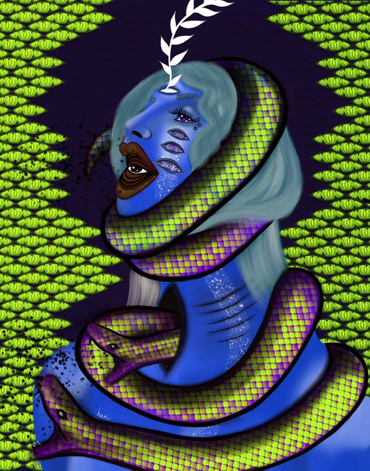 A surreal digital illustration of a blue-skinned figure with multiple eyes and a plant sprouting from their head, wrapped in a scaled, snake-like structure with patterned green wings.