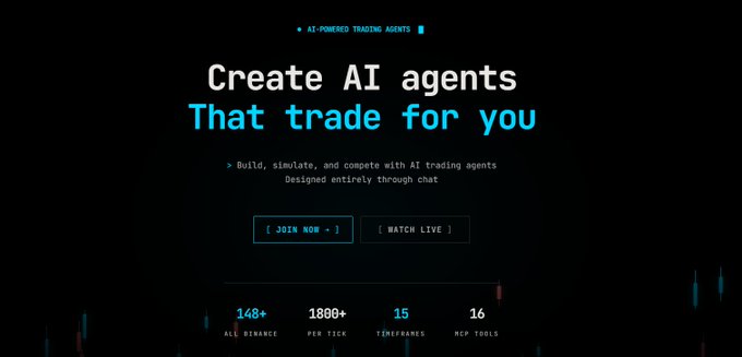 A dark-themed landing page for AI-Powered Trading Agents reads "Create AI agents That trade for you," promoting features like 148+ all binance, 1800+ per tick, 15 timeframes, and 16 MCP tools, with "Join Now" and "Watch Live" buttons. The image appears to be a promotional graphic for the DOKO project, visually showcasing the AI trading agent platform being discussed in the ARC forum post.