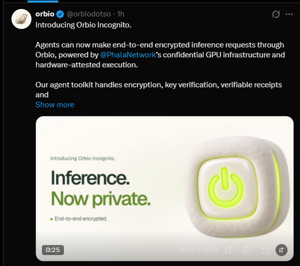 A tweet from @orbiodotso announcing 'Orbio Incognito', promoting end-to-end encrypted inference requests powered by @PhalaNetwork's confidential GPU infrastructure, accompanied by an image reading 'Introducing Orbio Incognito. Inference. Now private. End-to-end encrypted.'