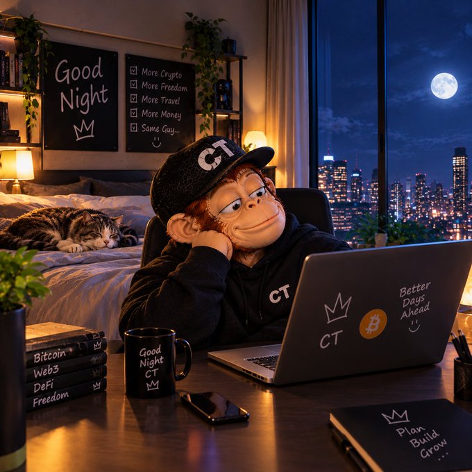 A stylized 3D character wearing a 'CT' cap sits at a desk with a laptop, mug, and cat in a moonlit city apartment, with signs reading 'Good Night' and checklists like 'More Crypto, More Freedom'.