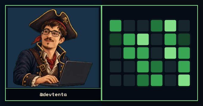 A digital illustration features a man dressed as a pirate with a laptop, next to a grid of green squares, with the text '@deventa' displayed below.