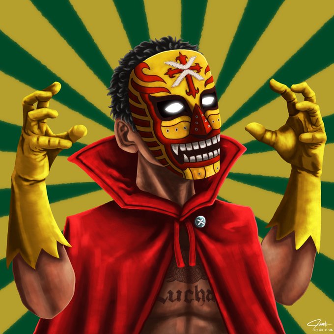 llorco, a character from the Marvel Cinematic Universe, wears a red cape and yellow gloves while holding a gun with crossed fingers against a green background.