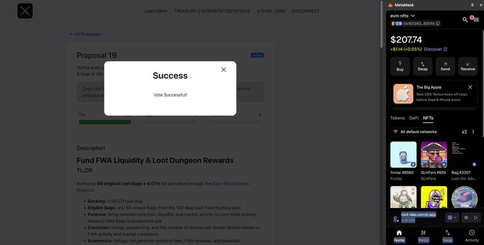 A desktop screenshot showing a 'Success: Vote Successful!' confirmation dialog for 'Proposal 19' to 'Fund FWA Liquidity & Loot Dungeon Rewards,' with a MetaMask wallet panel visible on the right showing a balance of $207.74.