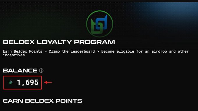 Beldex Loyalty Program dashboard showing a balance of 1,695 Beldex Points with a red arrow pointing to the balance number.