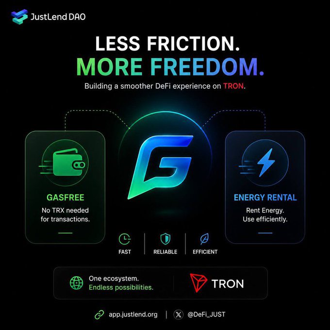 Promotional poster for JustLend DAO with the tagline 'LESS FRICTION. MORE FREEDOM.' highlighting GasFree and Energy Rental features, built on TRON.