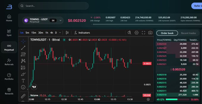 A cryptocurrency trading chart on what appears to be the Backpack exchange, displaying the "TOWNS/USDT" pair with a current price of "0.002520" and a "24h Change" of "-2.06%", alongside an order book and price history candlestick chart.