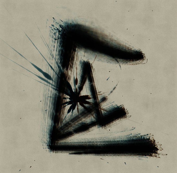 The image features a black and white drawing of an "E" with a splatter effect, giving it a unique and artistic appearance. The drawing appears to be done using ink or paint, which adds texture and depth to the piece. The image is posted on a social media platform called Verse Secondary by @drleenft Kazuhiro Tanimoto, Wabi Sabi #95, who has tagged the post with the hashtag #91. This indicates that the image was likely created for this specific account or as part of a collection.