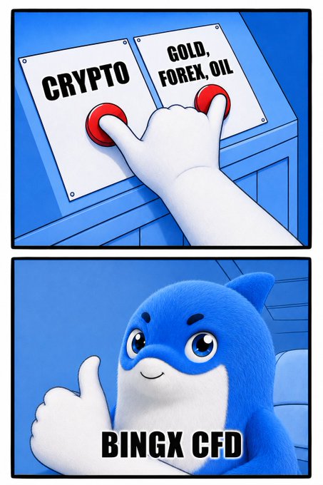 A two-panel cartoon meme where a hand presses both 'CRYPTO' and 'GOLD, FOREX, OIL' buttons, followed by BingX's blue mascot giving a thumbs up with the text 'BINGX CFD'.