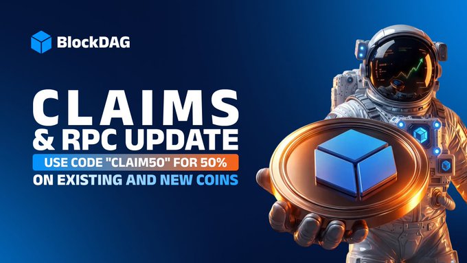 A promotional graphic for BlockDAG featuring an astronaut holding a coin emblazoned with the BlockDAG logo, announcing a "Claims & RPC Update" with promo code "CLAIM50" for 50% extra BDAG coins over a 7-day period. The image visually reinforces the post's message that over 224,486 users have completed token claims, encouraging viewers to act quickly before the July 29 deadline.