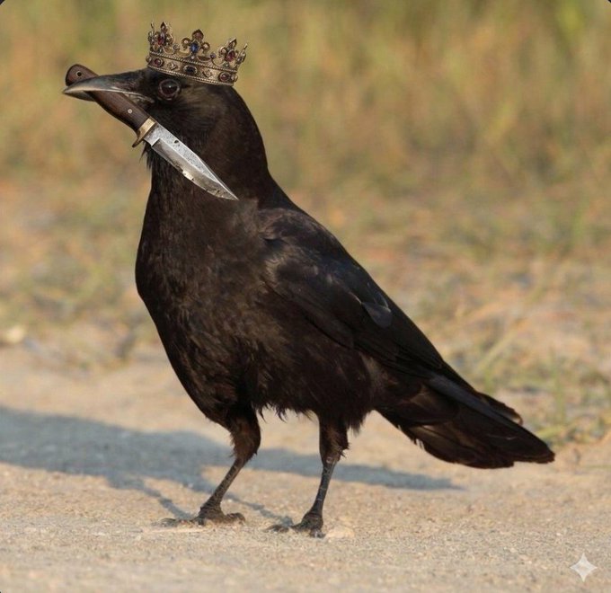 A black crow or raven standing on a sandy surface, wearing an ornate golden crown on its head and holding a silver knife in its beak.