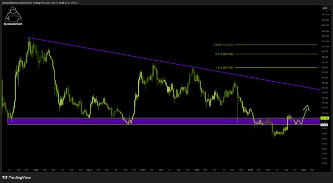 A TradingView weekly chart of $AVAX (JamesGatorUK, Oct 12, 2025) showing price consolidated near a support zone around $9-10 with Fibonacci levels marked at 0.618 (55.75), 2.618 (85.75), and 3.618 (115.62), supporting the post's claim that AVAX is "primed" with aggressive dip-buying positioned ahead of a potential breakout above the descending trendline.