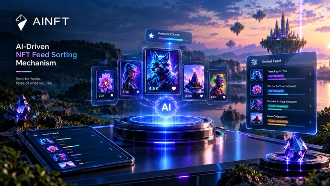 A promotional graphic for 'AINFT' showcasing an 'AI-Driven NFT Feed Sorting Mechanism'. The image features floating holographic cards with NFT characters, relevance scores, and a 'Sorted Feed' panel displaying categories like 'Trending for You' and 'Similar to Your Interests'.