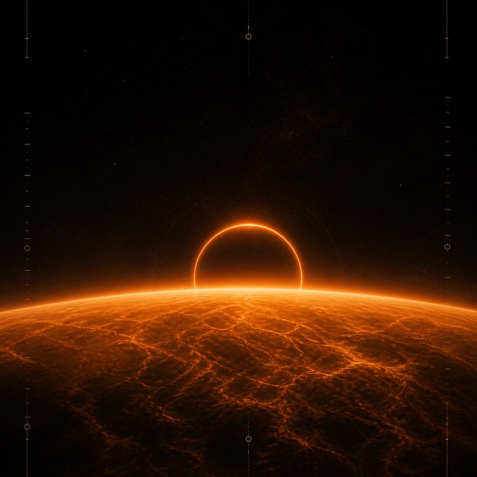 A glowing orange solar ring rises above the cracked, molten surface of Venus against a star-filled black sky, framed by faint HUD markings. The image's fiery planetary landscape visually embodies the post's theme of $VENUS as a "beautiful hell" in the Solar System, reinforcing its Solana narrative of pressure and heat forging strength.