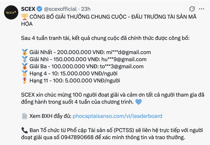 A Vietnamese-language Twitter/X post from SCEX (@scexofficial) announcing contest winners for 'ĐẤU TRƯỜNG TÀI SẢN MÃ HÓA' with prizes ranging from 200,000,000 VND for first place down to 5,000,000 VND for 11th-100th place.