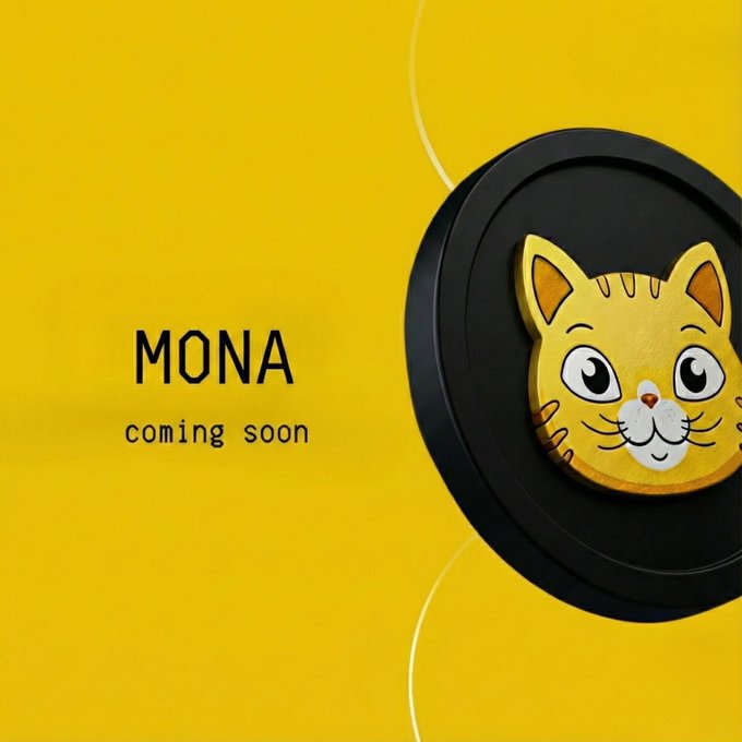The image features a yellow background with a black cat head sticker placed above the word "MONA" written in white text. The caption below the cat head reads, "While the crowd is still discovering MONA, early supporters are already positioning. The $MONA Genesis Airdrop remains open, and the Presale is still live. Check your eligibility: Monacoin.xyz Secure additional $MONA: tinyurl.com/Monacoin-ico For community".