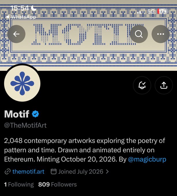 A screenshot of a Twitter/X profile for 'Motif' (@TheMotifArt), describing '2,048 contemporary artworks exploring the poetry of pattern and time. Drawn and animated entirely on Ethereum.'