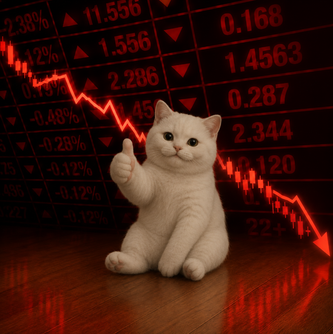 A white kitten gives a thumbs up while sitting in front of a red stock market display showing plummeting prices with percentages like -2.38%, -1.12%, -0.48% and downward arrows.