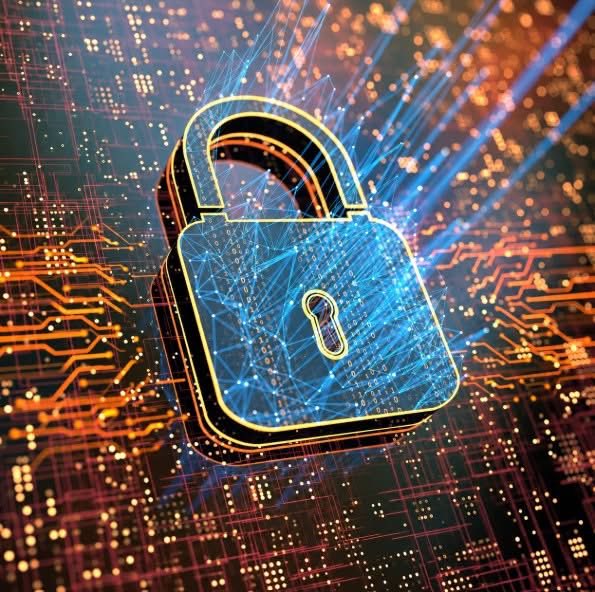 A digital illustration of a glowing padlock icon set against a vibrant circuit board background with blue and orange light beams.