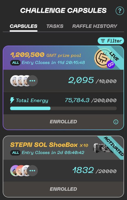 A 'Challenge Capsules' app interface showing GMT prize pool of 1,209,500 and STEPN SOL ShoeBox challenges.