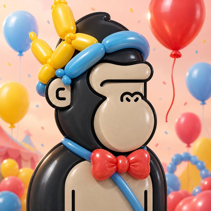 The image features a cartoon gorilla wearing a red bow tie, standing against a backdrop of colorful balloons floating around him. The caption below the image reads "Holders mint will start in 3 min. Get ready! You will have 2h! Let have a party and make apes great again!". This suggests that there is an upcoming event or gathering where the gorilla's presence is expected to be celebrated, possibly as part of a themed party or celebration involving balloons and other decorations.