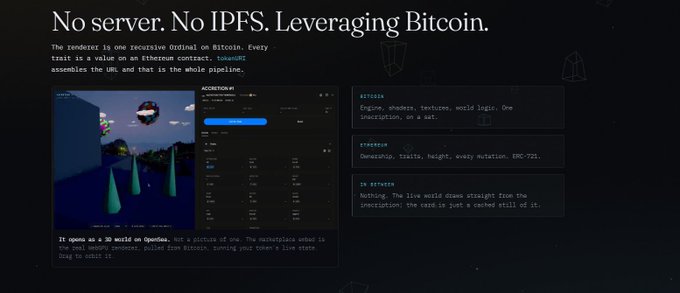 A screenshot of an inverted recap into Bitcoin Ordinals. 

The image shows the text: "No server. No IPFS. Leveraging Bitcoin." along with a description of a recursive Ordinal on Bitcoin, noting that "Every trait is a value on an Ethereum contract" and that "tokenUR2 assembles the URL" with a preview of an "ACORNTOWN" 3D world featuring avatars, mushrooms, and pine trees on a dark background.

This relates to the post by @mdv_btc about fully on-chain games, as the project showcased appears to exemplify the kind of innovative approach to on-chain gaming that breaks from conventional methods by leveraging Bitcoin Ordinals rather than relying on traditional server or IPFS infrastructure.