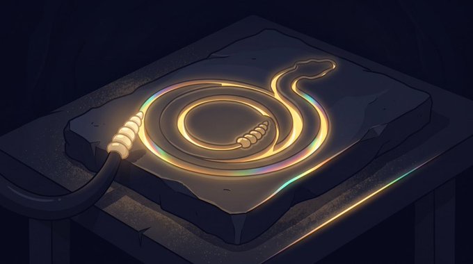 A glowing, iridescent neon snake coiled on a dark stone slab in a dimly lit environment.