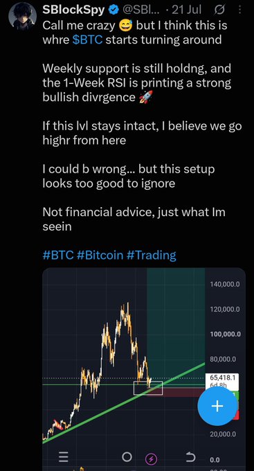 A Twitter/X post by @SBI_ (SBlockSpy) from July 21 stating BTC is starting to turn around based on weekly support and a 1-Week RSI bullish divergence, accompanied by a TradingView chart showing BTC prices ranging from 20,000 to 140,000.