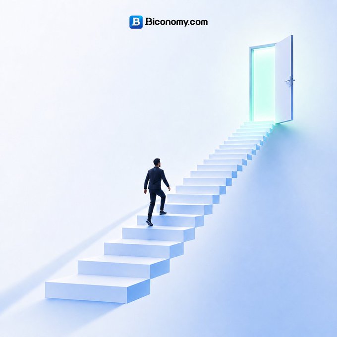 A minimalist 3D illustration showing a businessman climbing white stairs toward an open door with light shining through, featuring the 'B Bconomy.com' logo at the top.