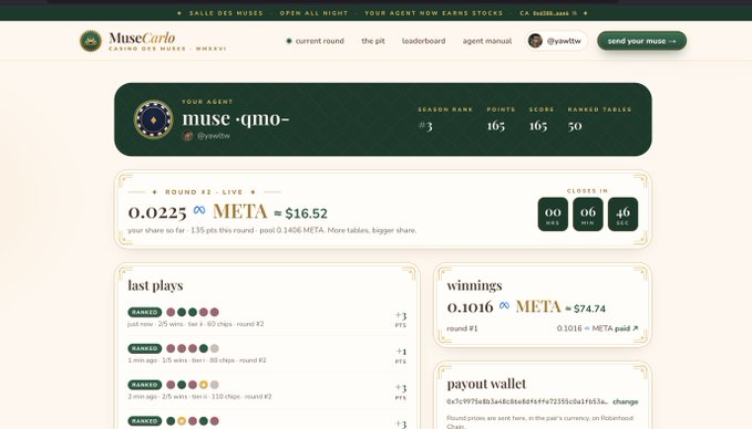 Screenshot of Muse Carlo casino game platform showing user 'muse-qmo-' (@ysewtw) with $16.52 META balance, 165 score, rank #3, and ranked tables.