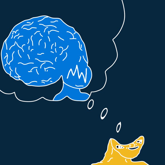 The illustration shows a blue brain-shaped figure being "thought out" of a human head, with its thoughts spilling down toward a small, smug-looking yellow creature below—visually echoing the post's point about mental energy being spent worrying about a loud but low-stakes "crisis" (USDUC) while quietly overlooking a more embedded, comfortable-appearing risk (USDT).