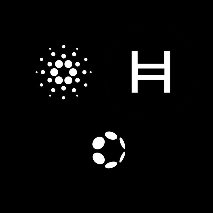 The image shows three white crypto-related icons on a black background: the Cardano (ADA) logo made of dots, the Hedera (HBAR) logo featuring the letter "H", and the Algorand (ALGO) logo. These represent altcoins, fitting the context of Grayscale withdrawing its ETF filings for one of these assets, specifically Cardano.