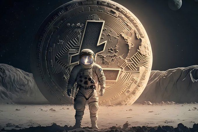 A digitally-rendered scene of an astronaut standing on a barren lunar-like surface in front of a massive Litecoin (LTC) coin embossed with its lightning bolt logo, with a planet visible in the starry sky.
