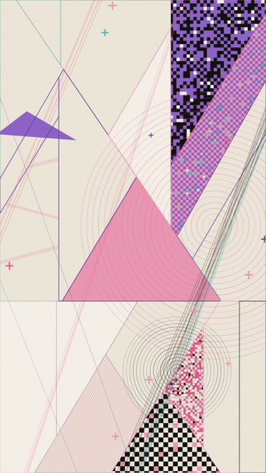 A vibrant abstract geometric artwork featuring overlapping triangles, concentric circles, and pixelated patterns in shades of pink, purple, and black on a cream background, visually echoing the "OVEREXPOSURE" theme and "CIPRIA" (powder pink) palette highlighted in the collection post.