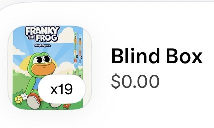 A digital store listing shows a 'Franky the Frog' vinyl figure blind box with 'x19' quantity selected, priced at $0.00.