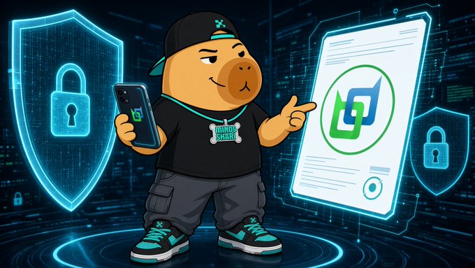An animated capybara character wearing a 'MUTOS SHARD' shirt holds a smartphone, standing between digital security shields with padlocks and a glowing certificate or document with a green logo.