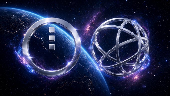 Two glowing silver crypto-style emblems—one a circular coin with internal dashes and the other an orbital ringed sphere—float against a cosmic backdrop of Earth and a purple-pink nebula, with no visible text or numbers. The futuristic, space-age aesthetic visually reinforces the post's theme of Celestia powering Midnight's next-generation, cross-planetary data availability and privacy infrastructure for Zswap offers.